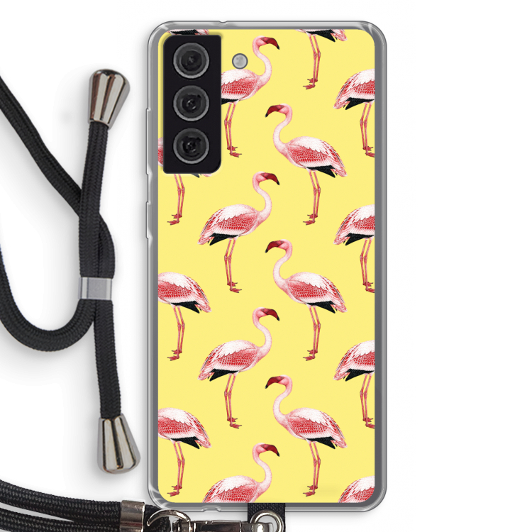 Flamingo's geel: Samsung Galaxy S21 FE Transparant Hoesje met koord