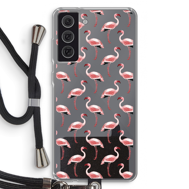 Flamingoprint groen: Samsung Galaxy S21 FE Transparant Hoesje met koord