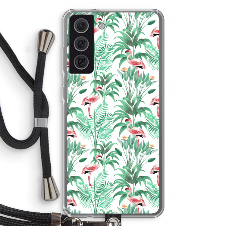 Flamingo bladeren: Samsung Galaxy S21 FE Transparant Hoesje met koord