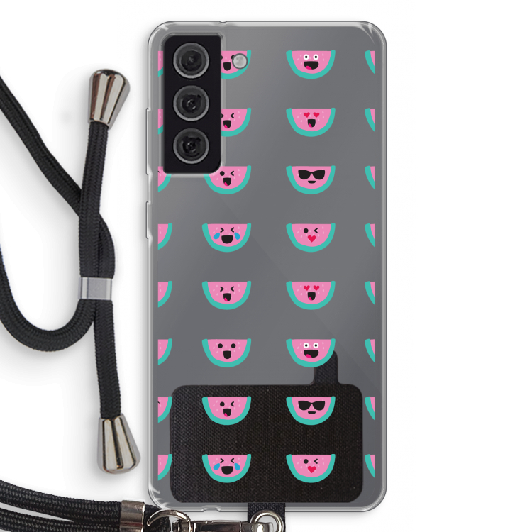Smiley watermeloenprint: Samsung Galaxy S21 FE Transparant Hoesje met koord