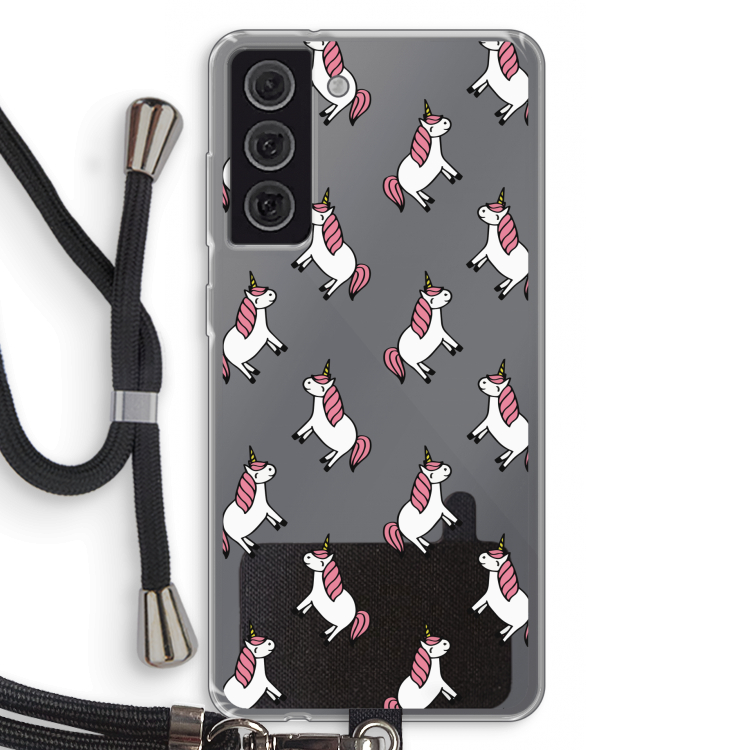 Eenhoorns overal: Samsung Galaxy S21 FE Transparant Hoesje met koord