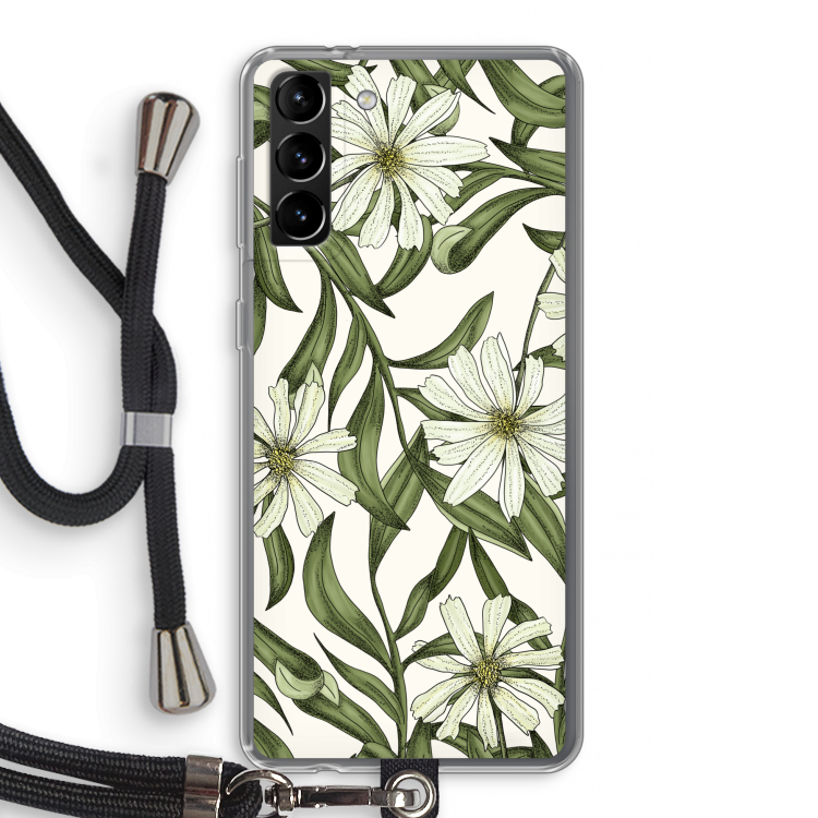Wit bloemenpatroon: Samsung Galaxy S21 Plus Transparant Hoesje met koord