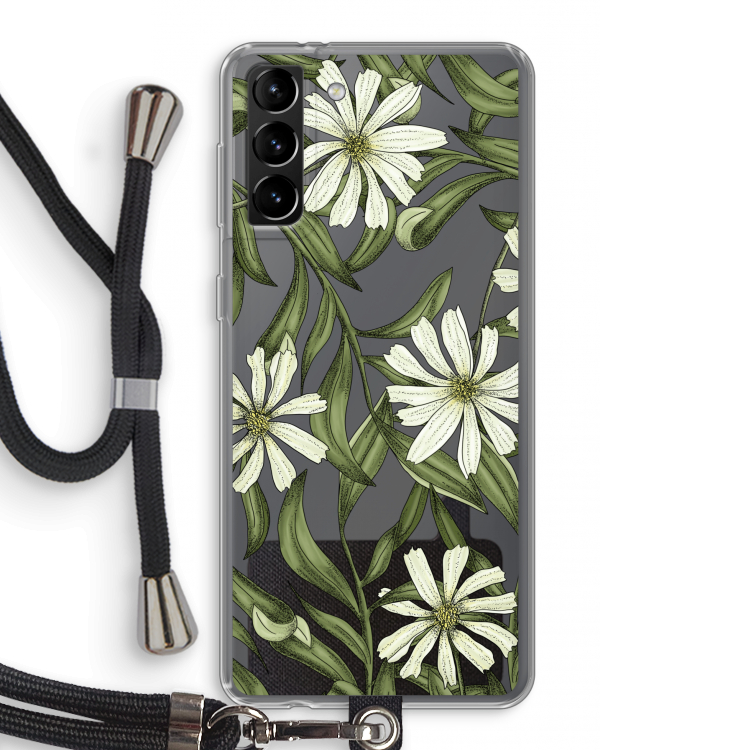 Wit bloemenpatroon: Samsung Galaxy S21 Plus Transparant Hoesje met koord
