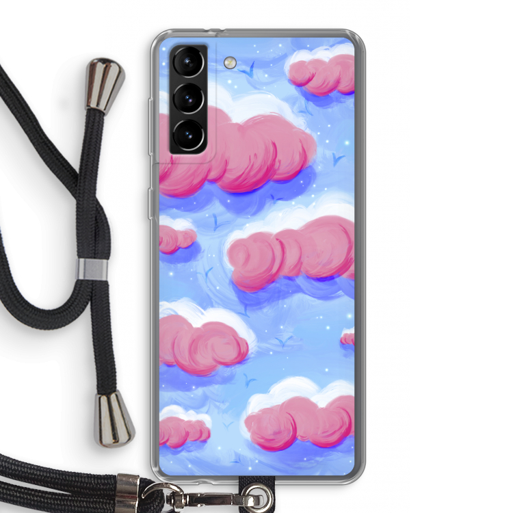 Roze wolken met vogels: Samsung Galaxy S21 Plus Transparant Hoesje met koord