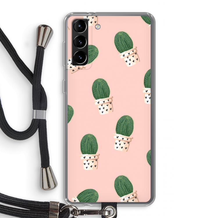 Cactusprint roze: Samsung Galaxy S21 Plus Transparant Hoesje met koord