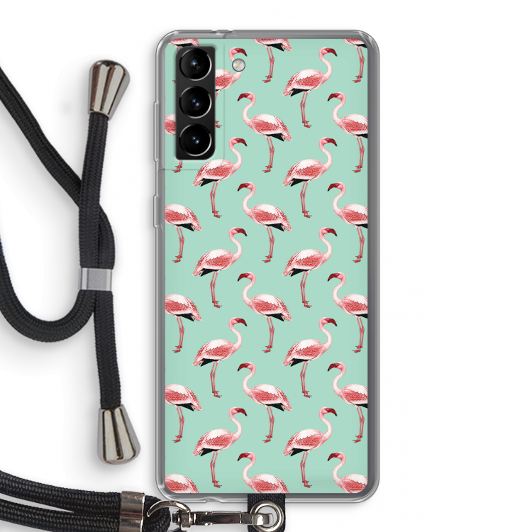 Flamingoprint groen: Samsung Galaxy S21 Plus Transparant Hoesje met koord