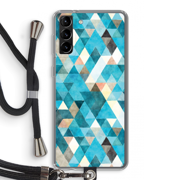 Gekleurde driehoekjes blauw: Samsung Galaxy S21 Plus Transparant Hoesje met koord