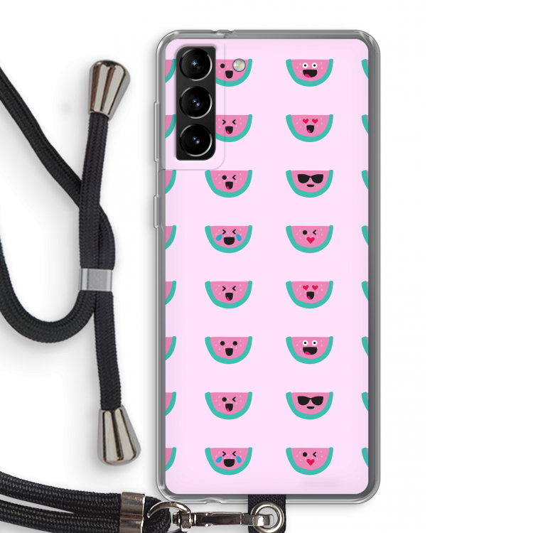 Smiley watermeloenprint: Samsung Galaxy S21 Plus Transparant Hoesje met koord
