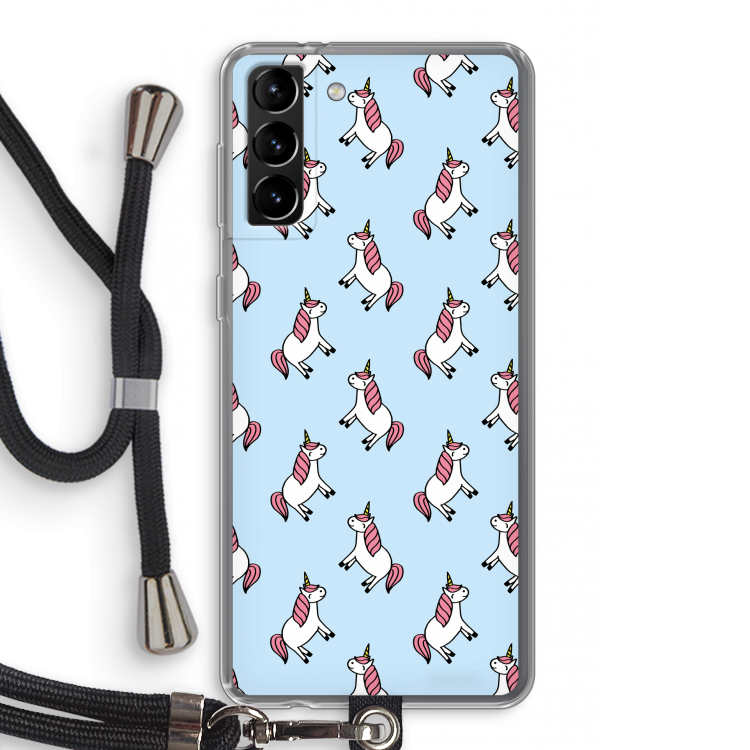 Eenhoorns overal: Samsung Galaxy S21 Plus Transparant Hoesje met koord