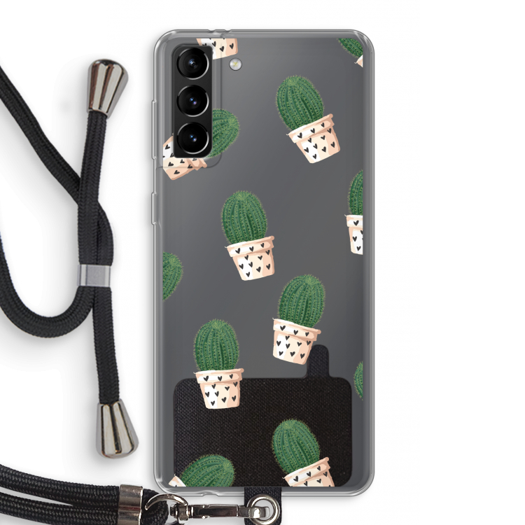 Cactusprint roze: Samsung Galaxy S21 Plus Transparant Hoesje met koord