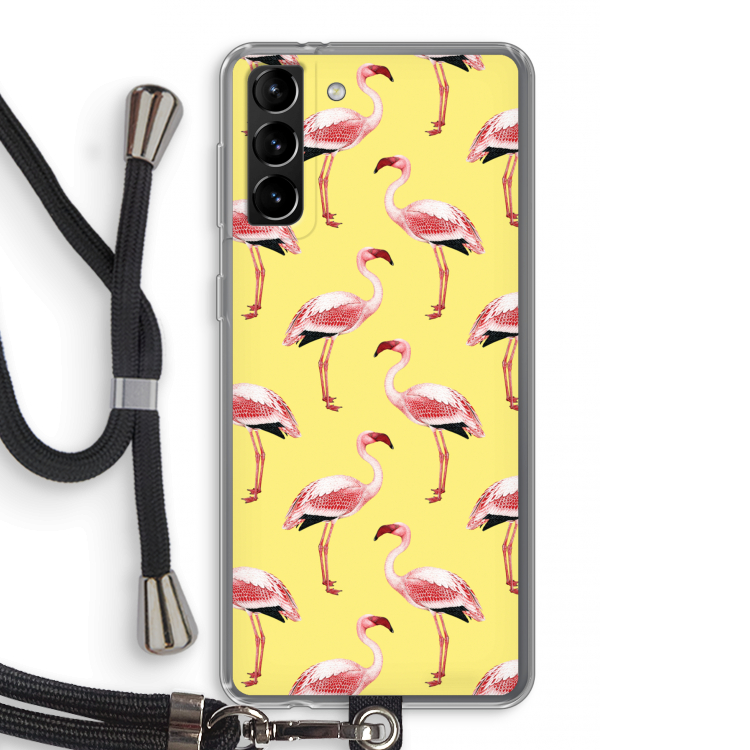 Flamingo's geel: Samsung Galaxy S21 Plus Transparant Hoesje met koord