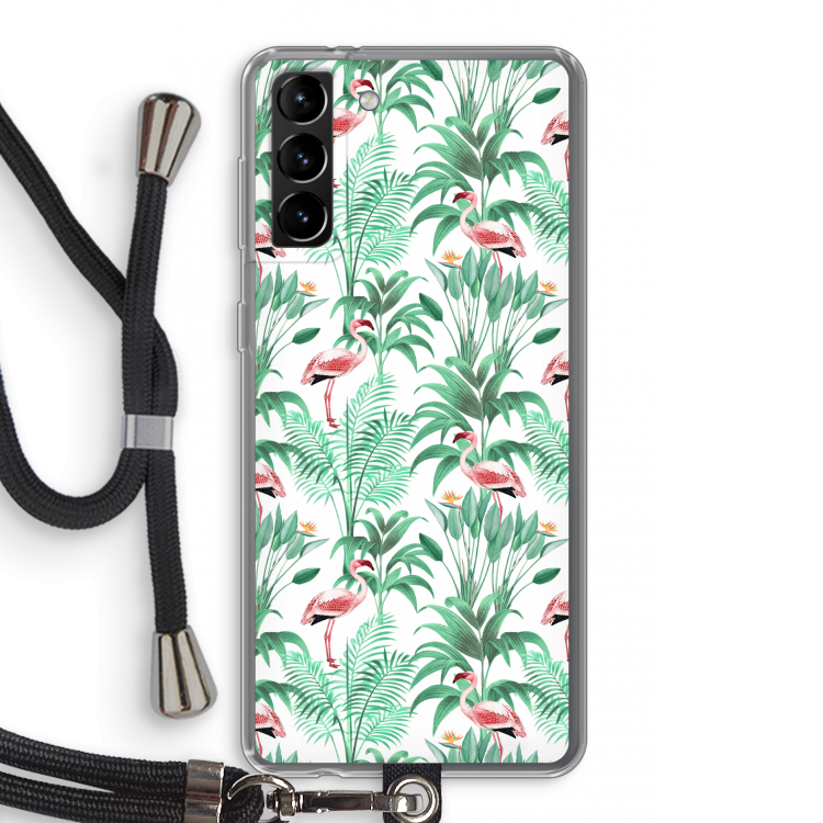 Flamingo bladeren: Samsung Galaxy S21 Plus Transparant Hoesje met koord