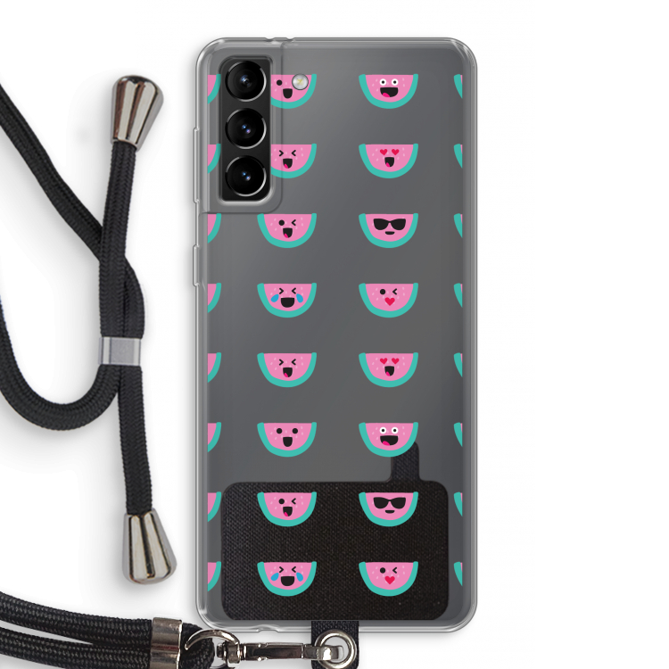 Smiley watermeloenprint: Samsung Galaxy S21 Plus Transparant Hoesje met koord