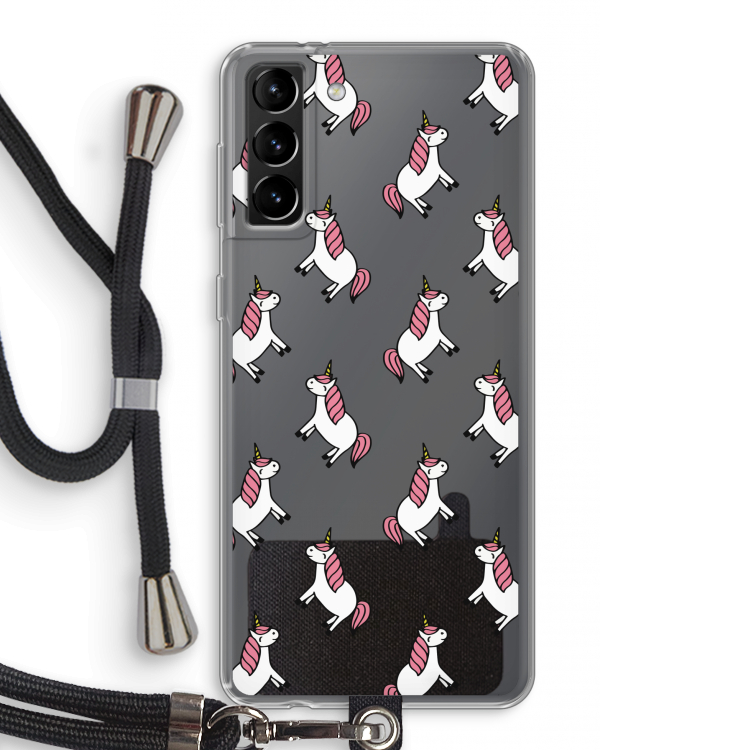 Eenhoorns overal: Samsung Galaxy S21 Plus Transparant Hoesje met koord