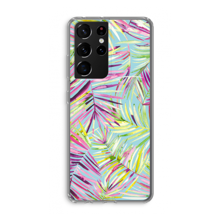 Tropical Palms Blue: Samsung Galaxy S21 Ultra Transparant Hoesje