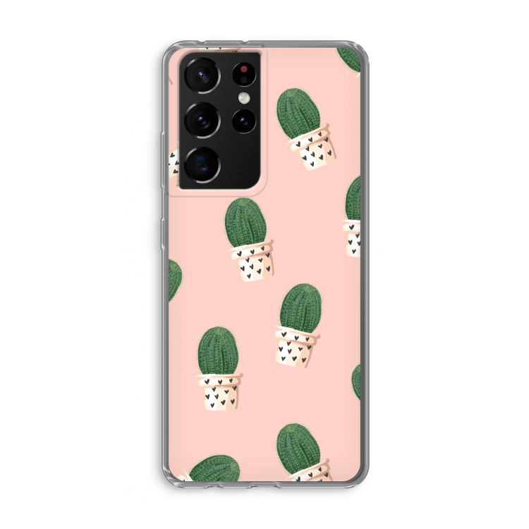 Cactusprint roze: Samsung Galaxy S21 Ultra Transparant Hoesje
