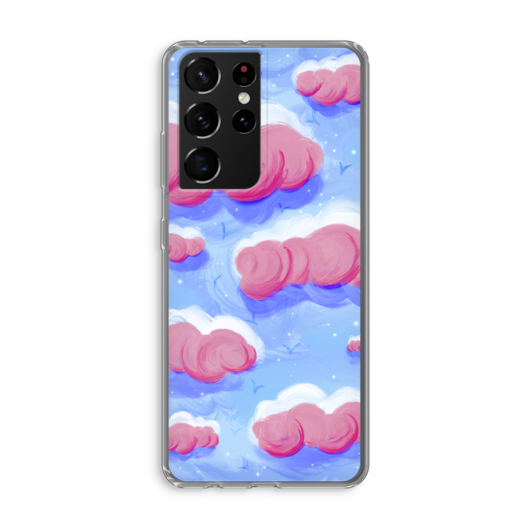 Roze wolken met vogels: Samsung Galaxy S21 Ultra Transparant Hoesje