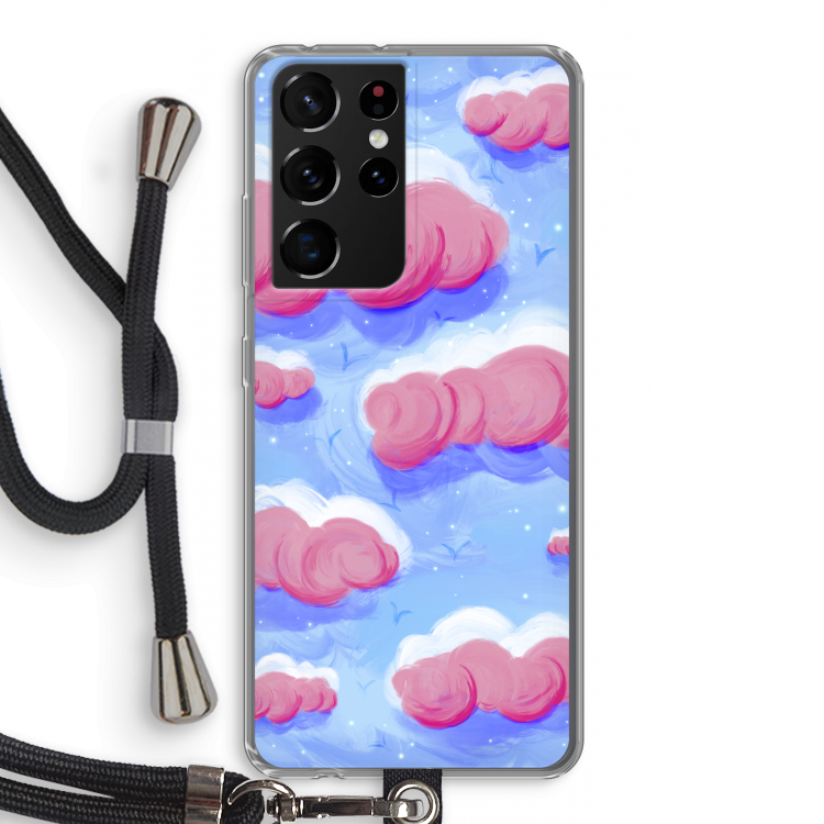 Roze wolken met vogels: Samsung Galaxy S21 Ultra Transparant Hoesje met koord