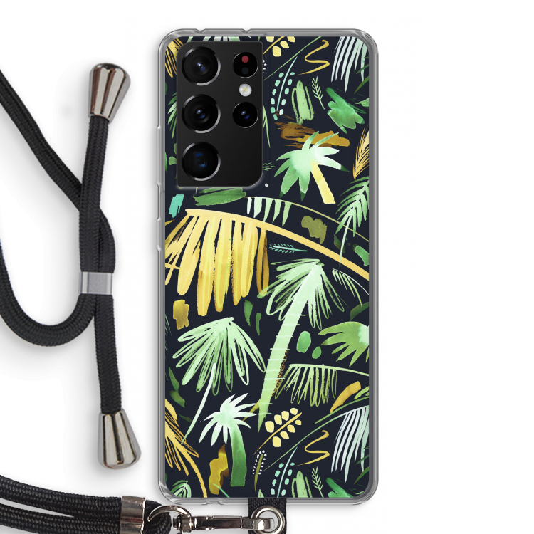 Tropical Palms Dark: Samsung Galaxy S21 Ultra Transparant Hoesje met koord