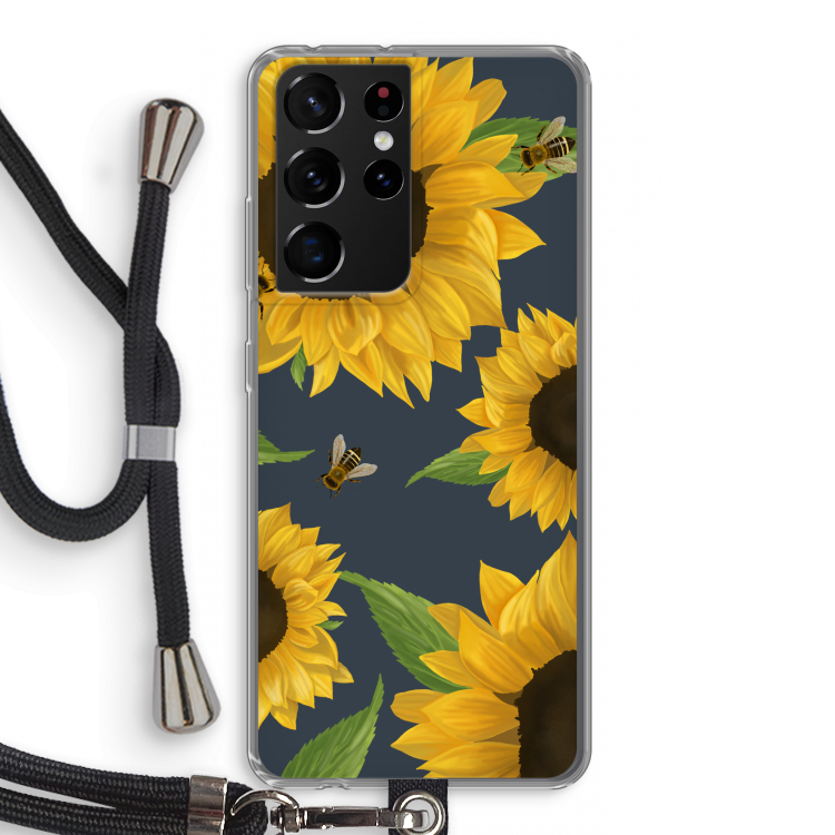 Sunflower and bees: Samsung Galaxy S21 Ultra Transparant Hoesje met koord