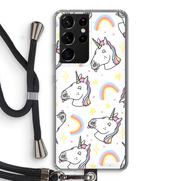 Rainbow Unicorn: Samsung Galaxy S21 Ultra Transparant Hoesje met koord