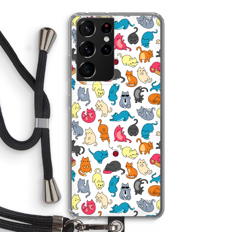 Kleurrijke katten: Samsung Galaxy S21 Ultra Transparant Hoesje met koord