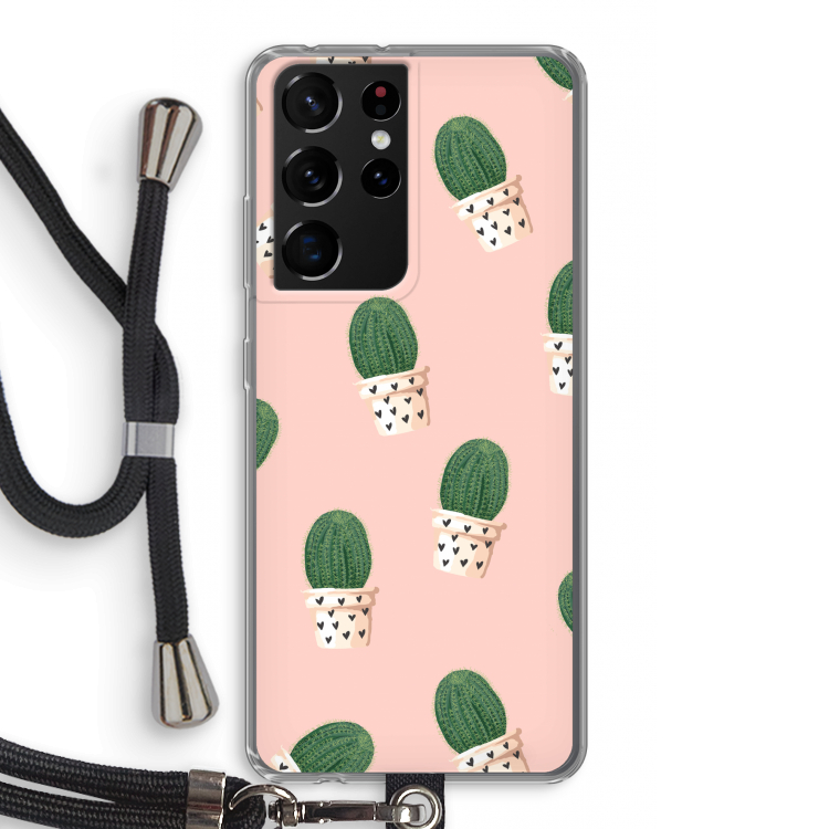 Cactusprint roze: Samsung Galaxy S21 Ultra Transparant Hoesje met koord