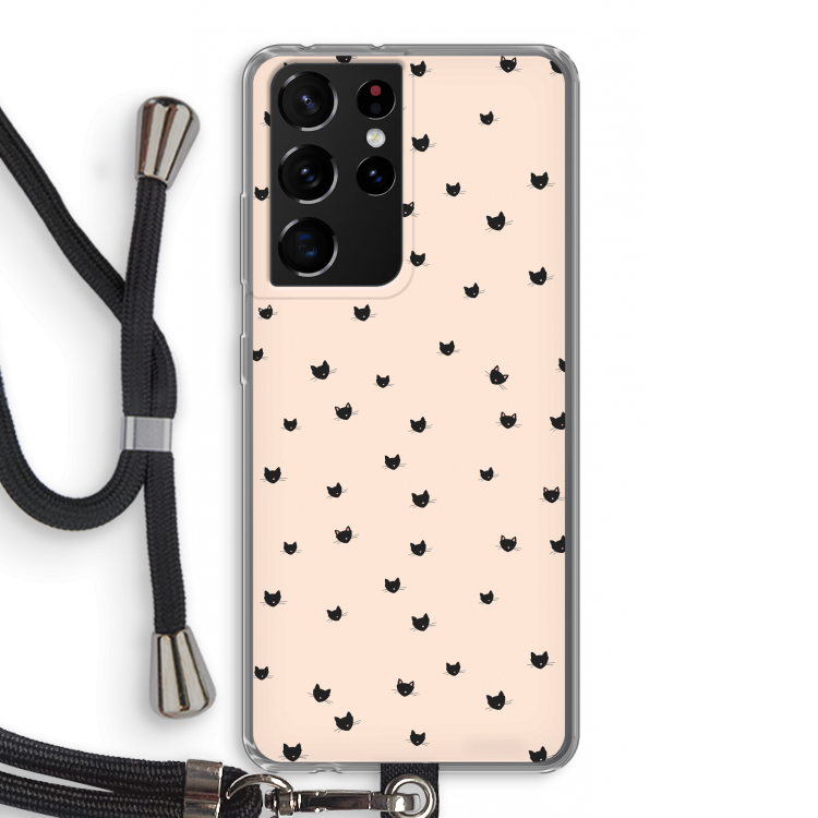 Kleine kattenkopjes: Samsung Galaxy S21 Ultra Transparant Hoesje met koord