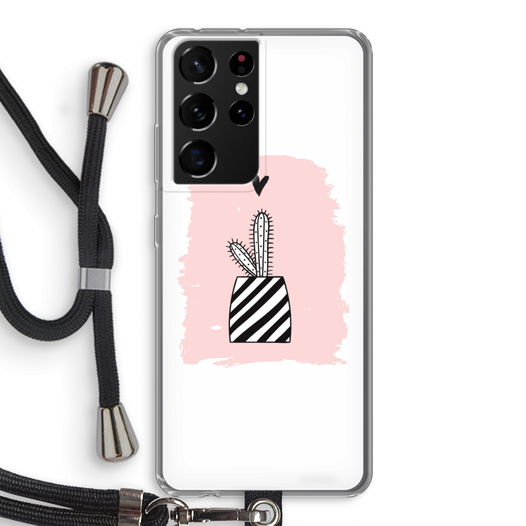 Zwart-wit cactus: Samsung Galaxy S21 Ultra Transparant Hoesje met koord