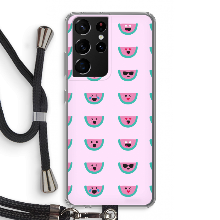 Smiley watermeloenprint: Samsung Galaxy S21 Ultra Transparant Hoesje met koord
