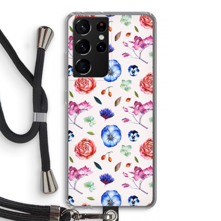 Bloemetjes: Samsung Galaxy S21 Ultra Transparant Hoesje met koord