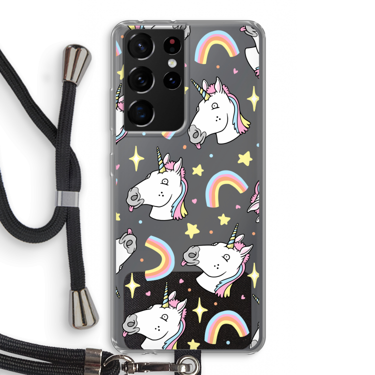 Rainbow Unicorn: Samsung Galaxy S21 Ultra Transparant Hoesje met koord