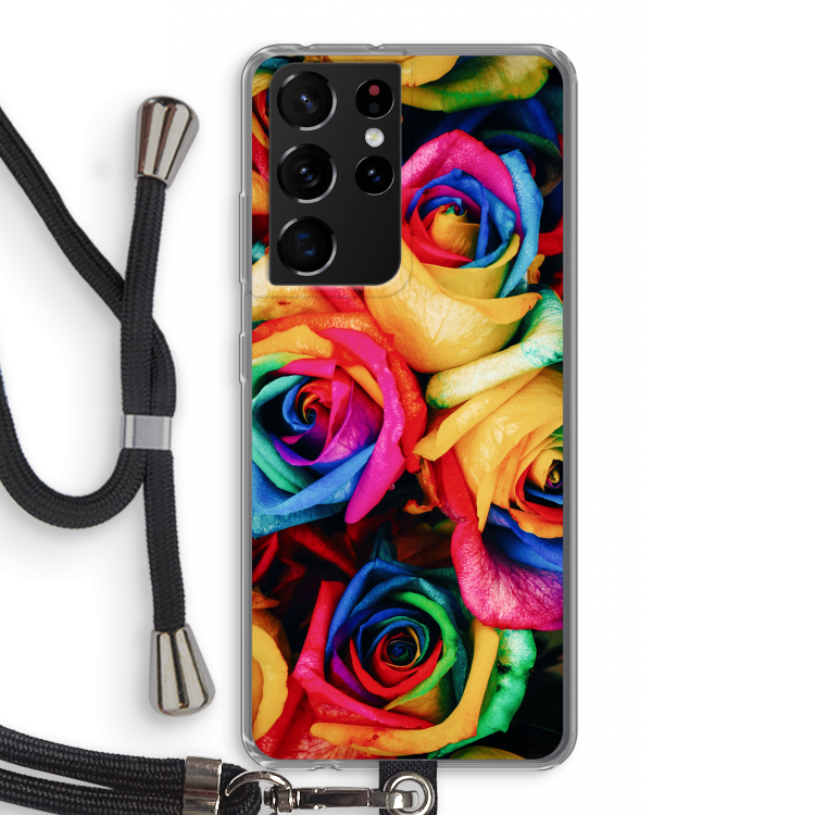 Neon bloemen: Samsung Galaxy S21 Ultra Transparant Hoesje met koord