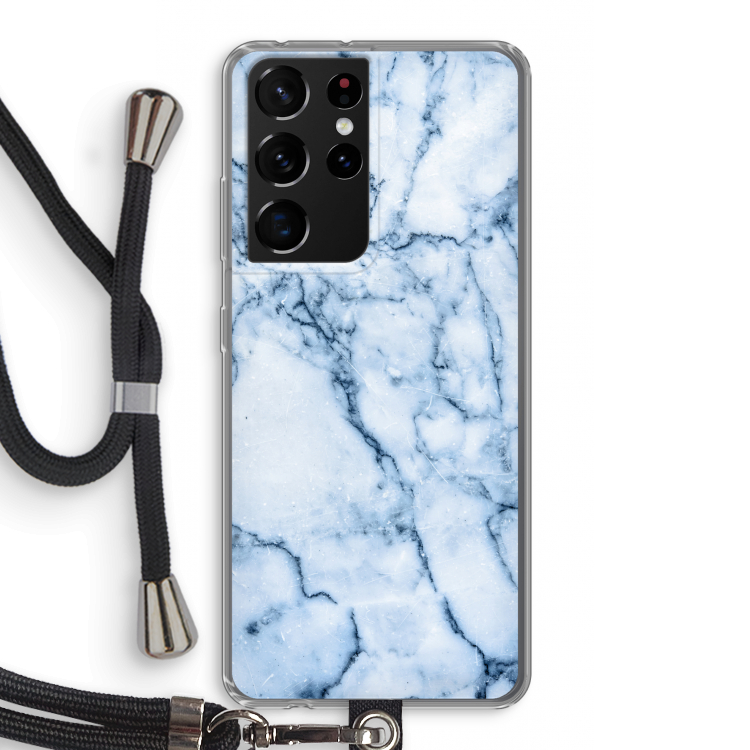 Blauw marmer: Samsung Galaxy S21 Ultra Transparant Hoesje met koord