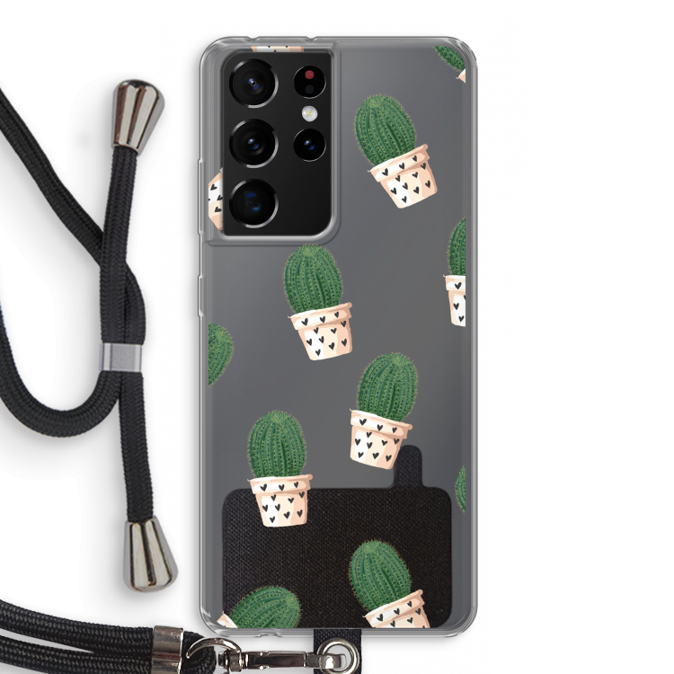 Cactusprint roze: Samsung Galaxy S21 Ultra Transparant Hoesje met koord