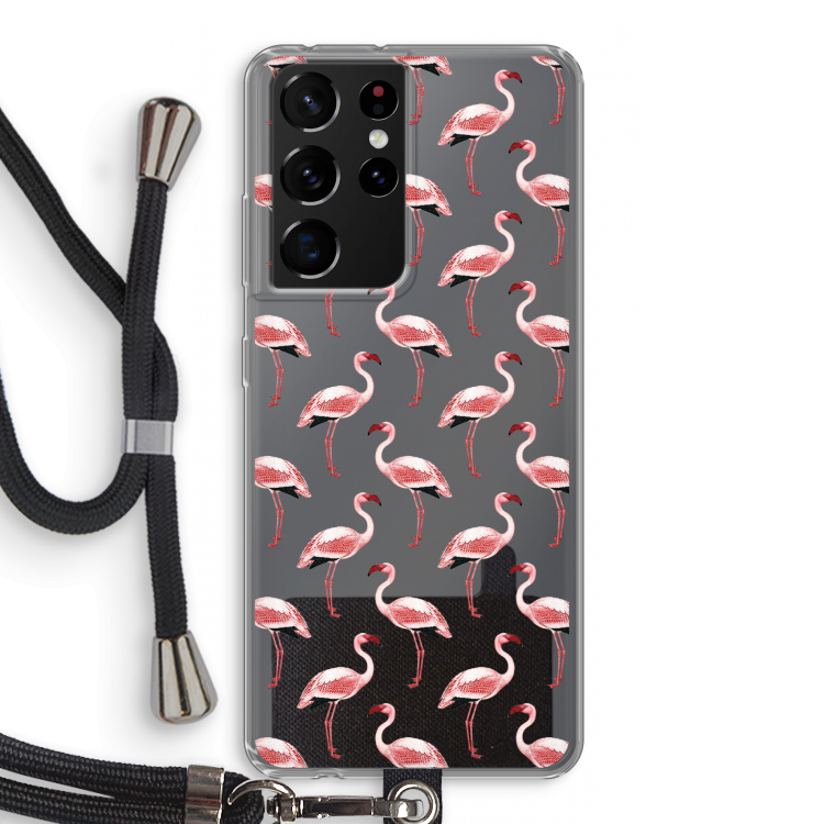 Flamingoprint groen: Samsung Galaxy S21 Ultra Transparant Hoesje met koord