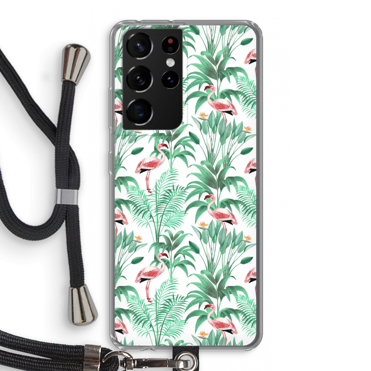 Flamingo bladeren: Samsung Galaxy S21 Ultra Transparant Hoesje met koord