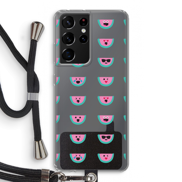Smiley watermeloenprint: Samsung Galaxy S21 Ultra Transparant Hoesje met koord