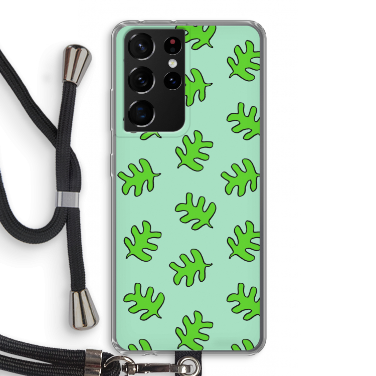 Groene blaadjes: Samsung Galaxy S21 Ultra Transparant Hoesje met koord