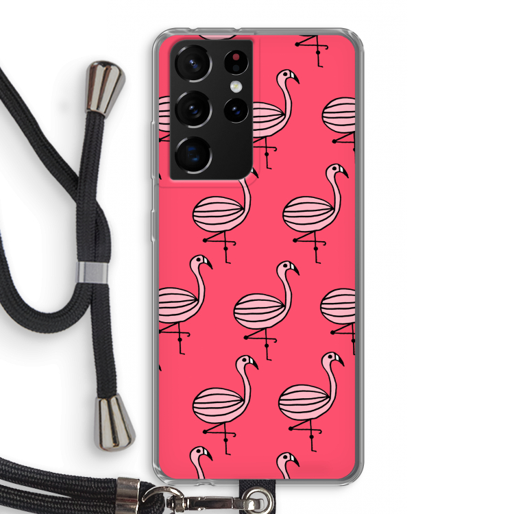 Flamingo: Samsung Galaxy S21 Ultra Transparant Hoesje met koord