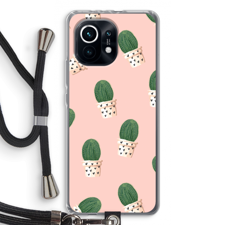 Cactusprint roze: Xiaomi Mi 11 Transparant Hoesje met koord