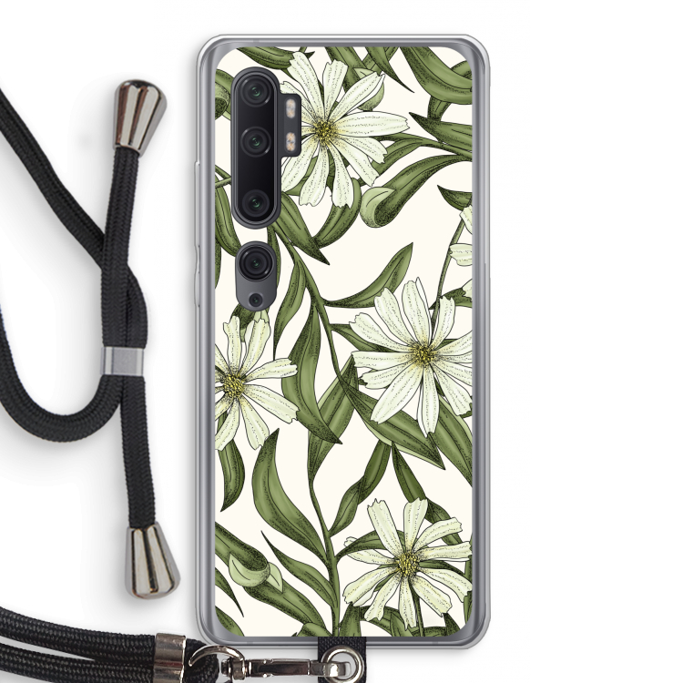 Wit bloemenpatroon: Xiaomi Mi Note 10 Pro Transparant Hoesje met koord