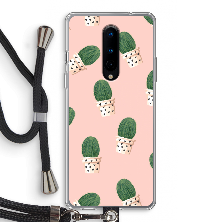 Cactusprint roze: OnePlus 8 Transparant Hoesje met koord