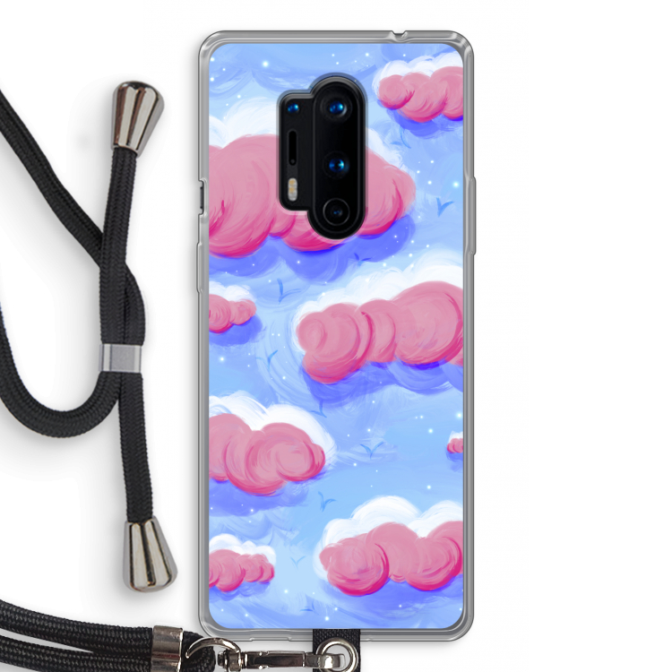 Roze wolken met vogels: OnePlus 8 Pro Transparant Hoesje met koord