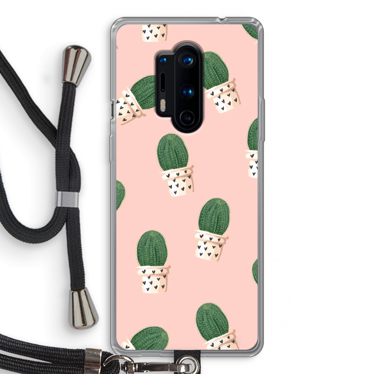Cactusprint roze: OnePlus 8 Pro Transparant Hoesje met koord