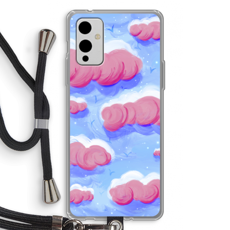 Roze wolken met vogels: OnePlus 9 Transparant Hoesje met koord
