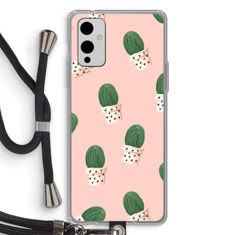 Cactusprint roze: OnePlus 9 Transparant Hoesje met koord