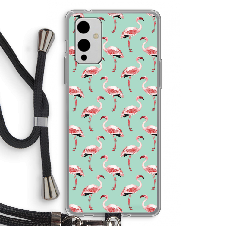 Flamingoprint groen: OnePlus 9 Transparant Hoesje met koord
