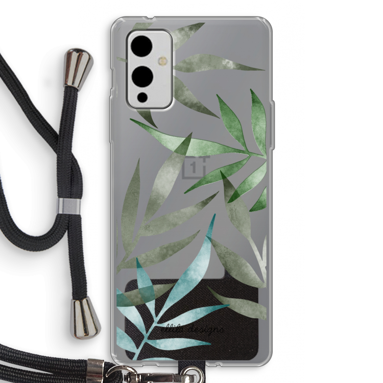 Tropical watercolor leaves: OnePlus 9 Transparant Hoesje met koord