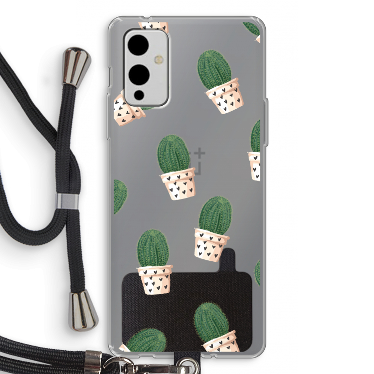 Cactusprint roze: OnePlus 9 Transparant Hoesje met koord